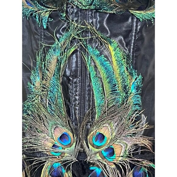 Fantasy Masquerade Peacock Feather Corset Dress Burlesque Gothic Steampunk Hi Lo - Picture 3 of 16